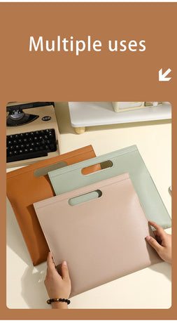 Beige Professional A4 PU Leather Document Bag - Waterproof Handheld File Folder Portfolio for Business & Conference