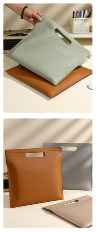 Beige Professional A4 PU Leather Document Bag - Waterproof Handheld File Folder Portfolio for Business & Conference