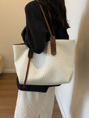 Beige and Brown Chic Woven PU Leather Tote Bag - Large Capacity Casual Shoulder & Handbag for Women