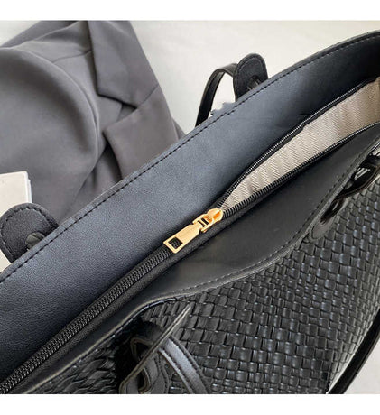 Beige and Brown Chic Woven PU Leather Tote Bag - Large Capacity Casual Shoulder & Handbag for Women