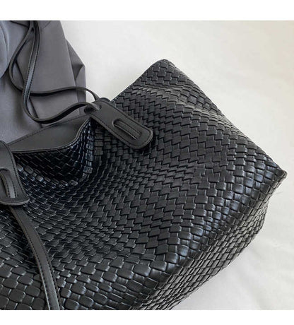 Beige and Brown Chic Woven PU Leather Tote Bag - Large Capacity Casual Shoulder & Handbag for Women