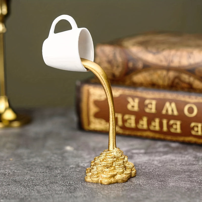 2 Pcs White Cup With Golden "Spill" And Base Magic Pouring Coffee Cup Sculpture - Unique Resin Tabletop Art Accent