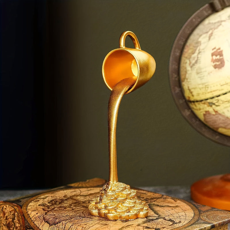 2 Pcs White Cup With Golden "Spill" And Base Magic Pouring Coffee Cup Sculpture - Unique Resin Tabletop Art Accent