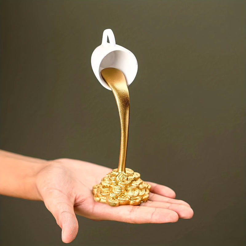 2 Pcs Glod Cup With Golden Spill" And Base Magic Pouring Coffee Cup Sculpture - Unique Resin Tabletop Art Accent"