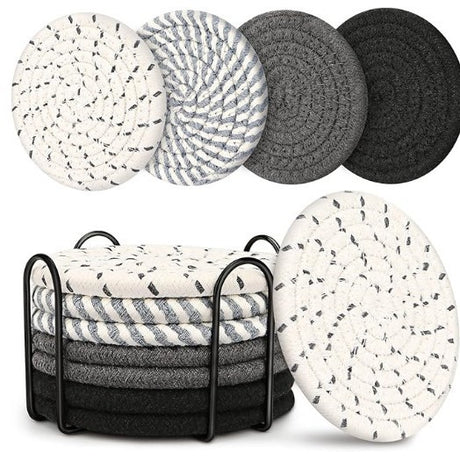 Beige and Black Absorbent Woven Cotton Coasters - Set of 8 with Metal Holder - Heat Resistant Drink Mats for Table Protection