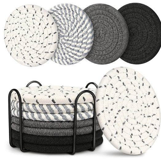 Beige and Black Absorbent Woven Cotton Coasters - Set of 8 with Metal Holder - Heat Resistant Drink Mats for Table Protection