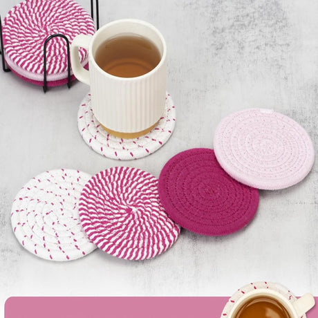 Beige and Black Absorbent Woven Cotton Coasters - Set of 8 with Metal Holder - Heat Resistant Drink Mats for Table Protection