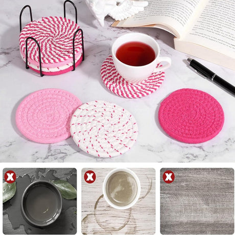 Beige and Black Absorbent Woven Cotton Coasters - Set of 8 with Metal Holder - Heat Resistant Drink Mats for Table Protection