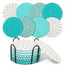 Beige and Blue Absorbent Woven Cotton Coasters - Set of 8 with Metal Holder - Heat Resistant Drink Mats for Table Protection