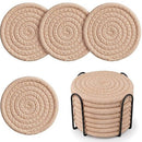 Beige Absorbent Woven Cotton Coasters - Set of 8 with Metal Holder - Heat Resistant Drink Mats for Table Protection