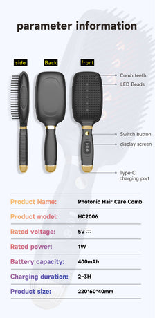 Black Advanced 3-in-1 Scalp & Hair Care Massage Comb - Red Light Therapy, EMS Microcurrent & Vibration for Healthy Hair Growth