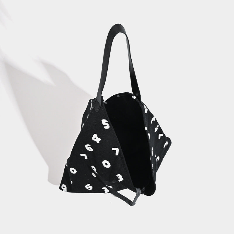 Black and White Chic Number Print Canvas Tote Bag - Lightweight Polyester Shoulder Bag for Everyday Essentials & A4
