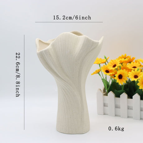Beige Elegant Off-White Ceramic Vase - Modern Sculptural Flower Holder with Wide Fluted Opening