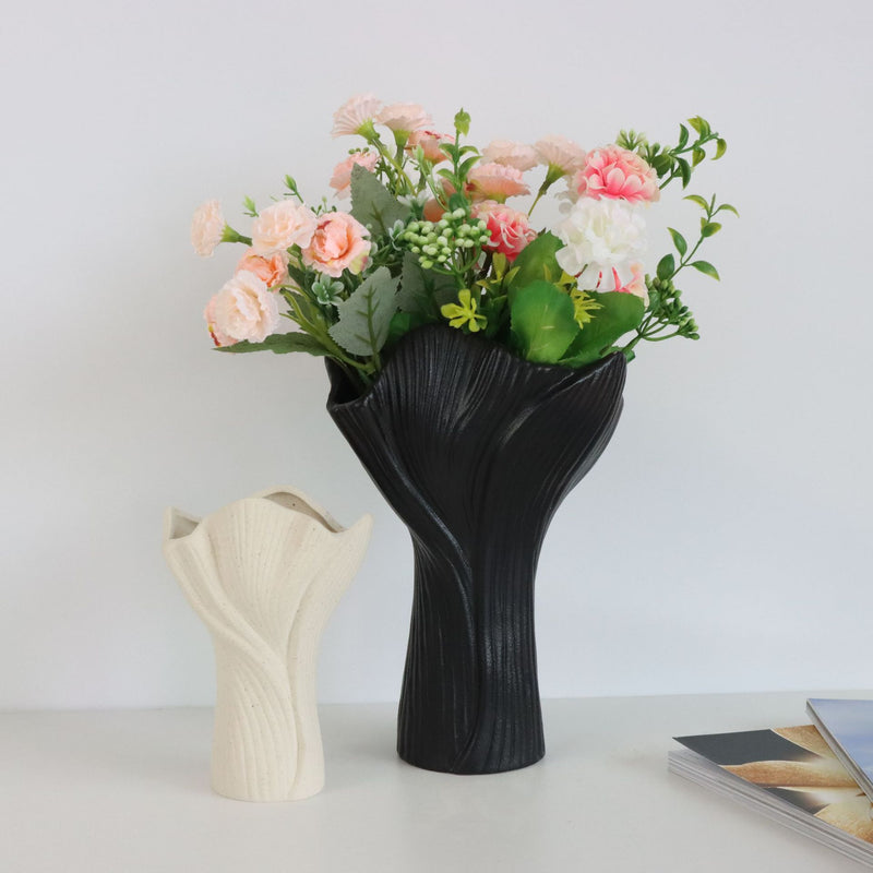 Black Elegant Off-White Ceramic Vase - Modern Sculptural Flower Holder with Wide Fluted Opening