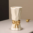 Beige Elegant Ceramic Vase with Golden Bow Accent - Textured Relief Flower Holder for Living Room & Dining Table Decor