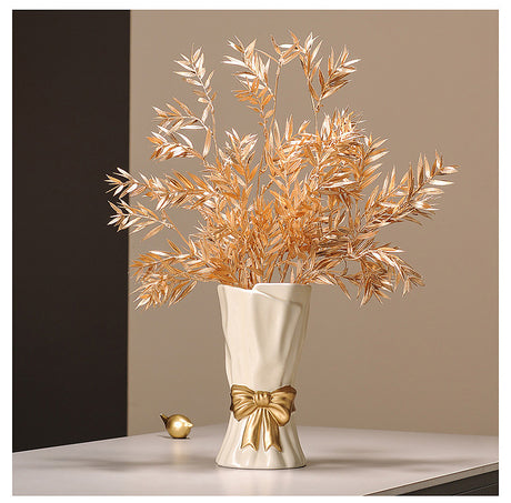 Beige Elegant Ceramic Vase with Golden Bow Accent - Textured Relief Flower Holder for Living Room & Dining Table Decor
