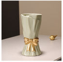 Beige Elegant Ceramic Vase with Golden Bow Accent - Textured Relief Flower Holder for Living Room & Dining Table Decor