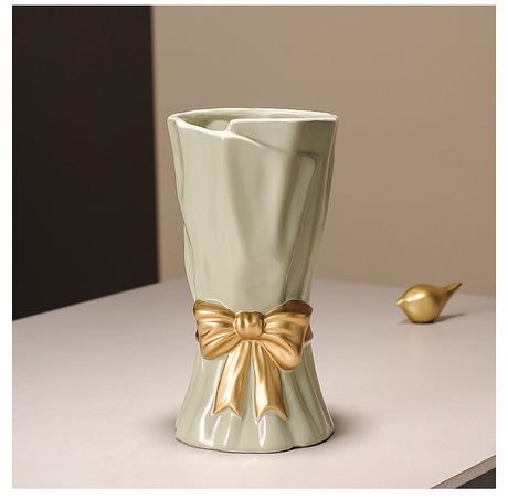 Beige Elegant Ceramic Vase with Golden Bow Accent - Textured Relief Flower Holder for Living Room & Dining Table Decor