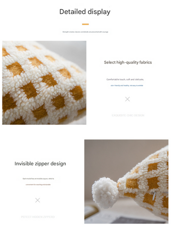 Beige and Yellow 3D Checkered Cushion Cover with Pom Poms - Soft Decorative Pillow Case for Sofa & Living Room (45x45cm, Cover Only)