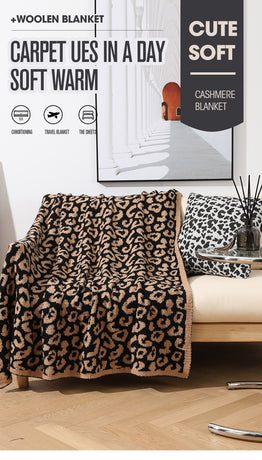 Beige and Khaki Luxurious Leopard Print Knit Throw Blanket - Ultra-Soft Jacquard Plush for Sofa, Bed & Cozy Comfort (130x150cm)