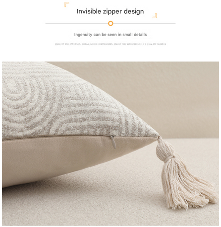 Beige Chic Geometric Jacquard Cushion Covers with Tassels - Set of 2, Plush Blend for Sofa & Bed Decor (45x45cm, Insert Not Included)