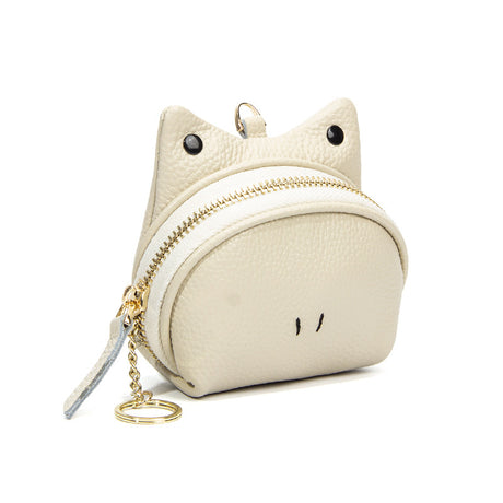 Beige Leather Frog Design Coin Purse - Cute Cartoon Mini Wallet Pouch for Keys & Coins with Keyring