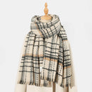 Beige Chic Plaid Winter Scarf - Large Soft Polyester Shawl Wrap with Tassels, Korean Inspired Fashion