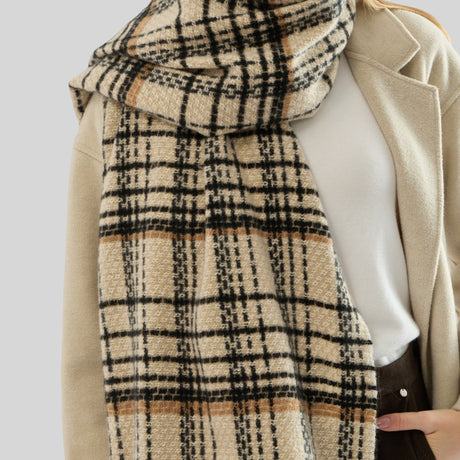 Beige Chic Plaid Winter Scarf - Large Soft Polyester Shawl Wrap with Tassels, Korean Inspired Fashion