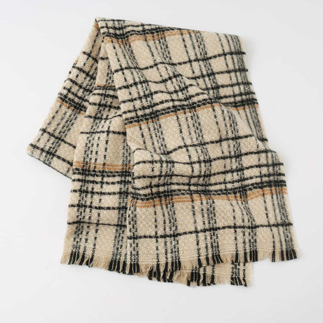 Beige Chic Plaid Winter Scarf - Large Soft Polyester Shawl Wrap with Tassels, Korean Inspired Fashion