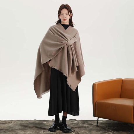Black Elegant Soft Knit Poncho Cape - Warm Autumn Winter Shawl Wrap with Side Tie, Thick & Luxurious Feel