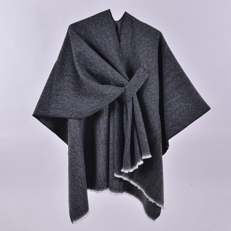 Black and White Elegant Soft Knit Poncho Cape - Warm Autumn Winter Shawl Wrap with Side Tie, Thick & Luxurious Feel