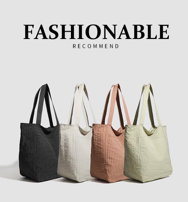 Beige Stylish Lightweight Seersucker Gingham Tote Bag - Spacious Multi-Pocket Shoulder Bag with Zipper