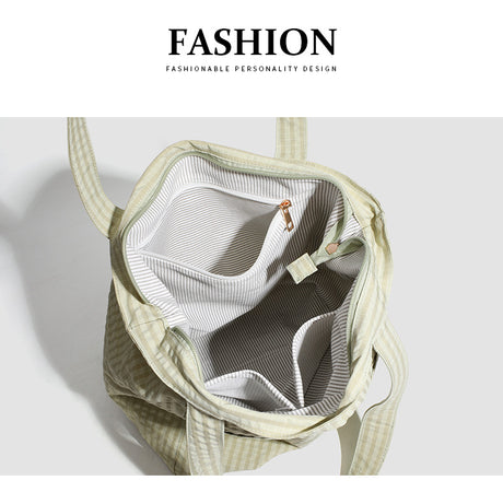 Beige Stylish Lightweight Seersucker Gingham Tote Bag - Spacious Multi-Pocket Shoulder Bag with Zipper