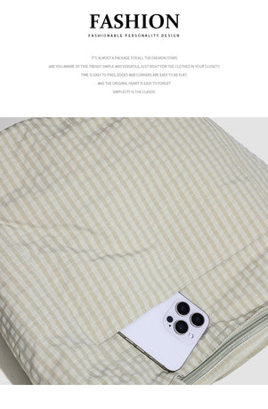 Beige Stylish Lightweight Seersucker Gingham Tote Bag - Spacious Multi-Pocket Shoulder Bag with Zipper