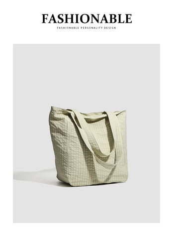 Beige Stylish Lightweight Seersucker Gingham Tote Bag - Spacious Multi-Pocket Shoulder Bag with Zipper