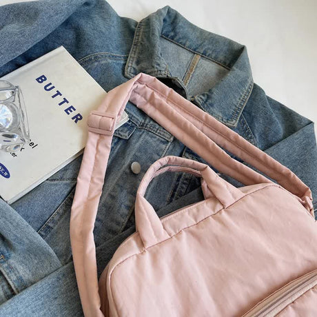 Beige Lightweight Nylon Vertical Crossbody Tote Bag - Casual Shoulder Bag with Adjustable Strap & Pockets