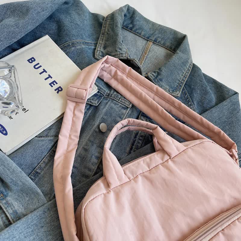 Beige Lightweight Nylon Vertical Crossbody Tote Bag - Casual Shoulder Bag with Adjustable Strap & Pockets