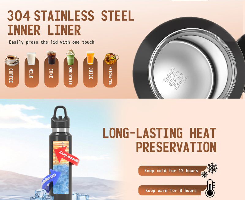 Black 480ml Insulated Stainless Steel Water Bottle - Leakproof One-Click Lid Thermal Flask for Hot & Cold Drinks