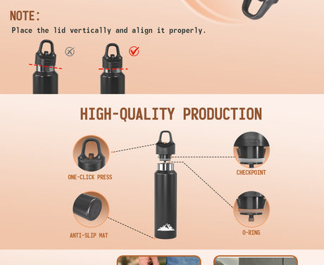 Black 480ml Insulated Stainless Steel Water Bottle - Leakproof One-Click Lid Thermal Flask for Hot & Cold Drinks