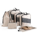Beige and Black Premium 6-Piece Compression Packing Cubes Set - Lightweight Polyester Travel Organizers for Luggage, Includes Shoe Bag & Toiletry Pouch