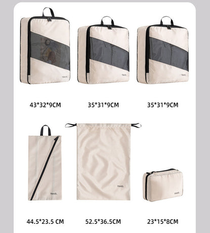 Beige and Black Premium 6-Piece Compression Packing Cubes Set - Lightweight Polyester Travel Organizers for Luggage, Includes Shoe Bag & Toiletry Pouch