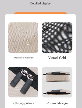 Beige and Black Premium 6-Piece Compression Packing Cubes Set - Lightweight Polyester Travel Organizers for Luggage, Includes Shoe Bag & Toiletry Pouch