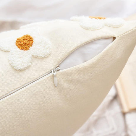 Beige and Khaki Charming 3D Daisy Embroidered Canvas Cushion Covers - Set of 2, 45x45cm Soft Textured Decorative Pillowcases