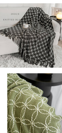 Black Cozy Geometric Knitted Throw Blanket with Tassels - Soft Acrylic Decorative Sofa & Bed Cover, 130x180cm