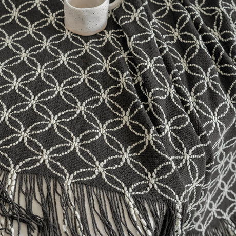 Black Cozy Geometric Knitted Throw Blanket with Tassels - Soft Acrylic Decorative Sofa & Bed Cover, 130x180cm