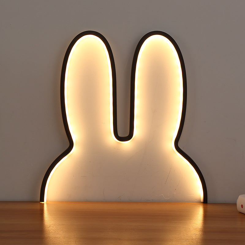 Black 40x30cm Adorable Bunny LED Wall Night Light - USB Powered Warm White Lamp for Kids Room Decor
