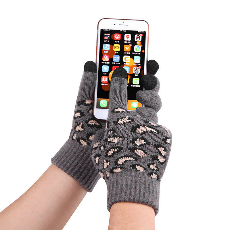 Beige Women's Leopard Print Winter Warm Knit Set - 3 Piece Fleece Lined Hat, Scarf & Gloves