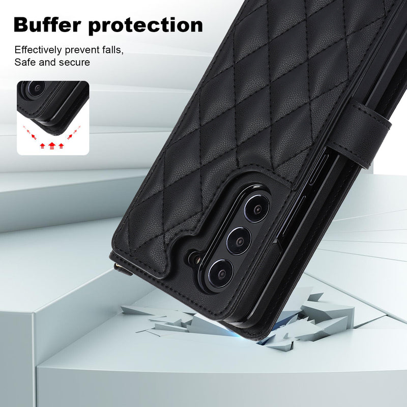 Galaxy Z Fold4 Multi-Functional Leather Wallet Case for Samsung Z Fold Series - Crossbody with Pen Slot, Quilted Design