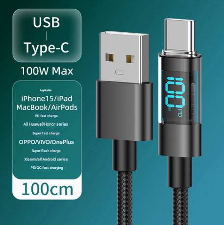 1 Meter USB To Type-C 4-Piece Set 1m 100W Super Fast Charge Transparent Aluminum Shell Digital Display Data Cable - USB Type-C Fast Charge Cable