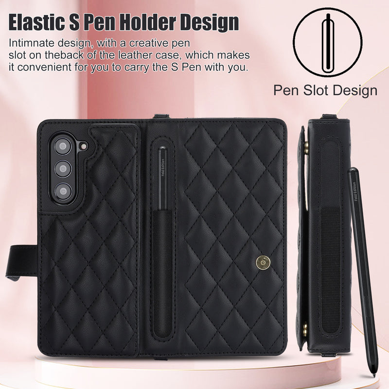 Purple Galaxy Z Fold3 Multi-Functional Leather Wallet Case for Samsung Z Fold Series - Crossbody with Pen Slot, Quilted Design